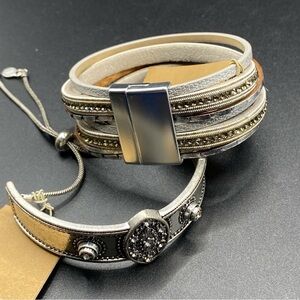 Two Boho Bracelets New With Tags Bundle Leatherette Magnetic Clasp & Slider